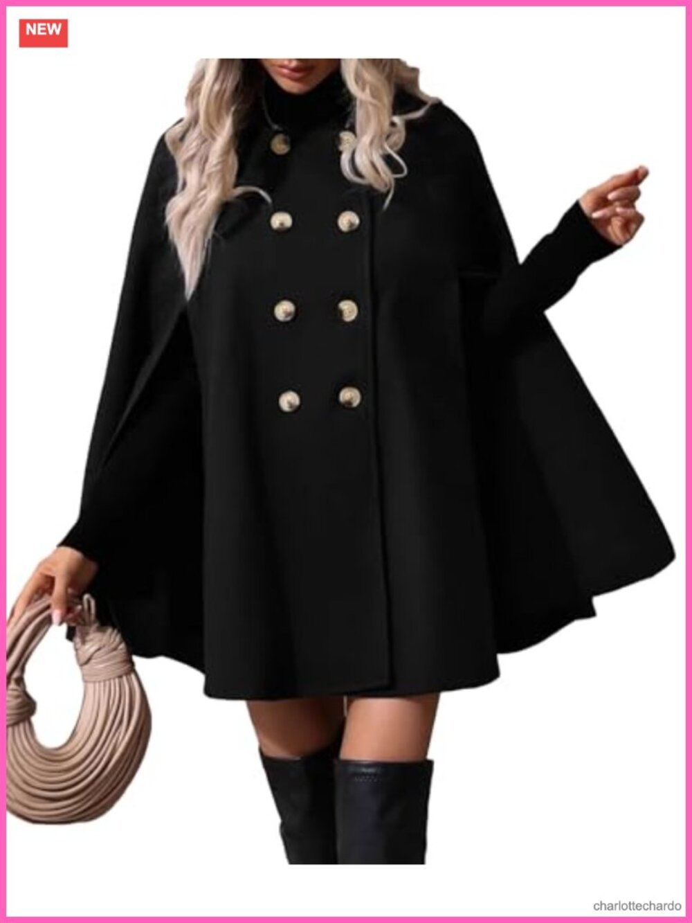 Wool Blend Cape Coat Double Breast Slit Sleeve Notched Lapel Vintage